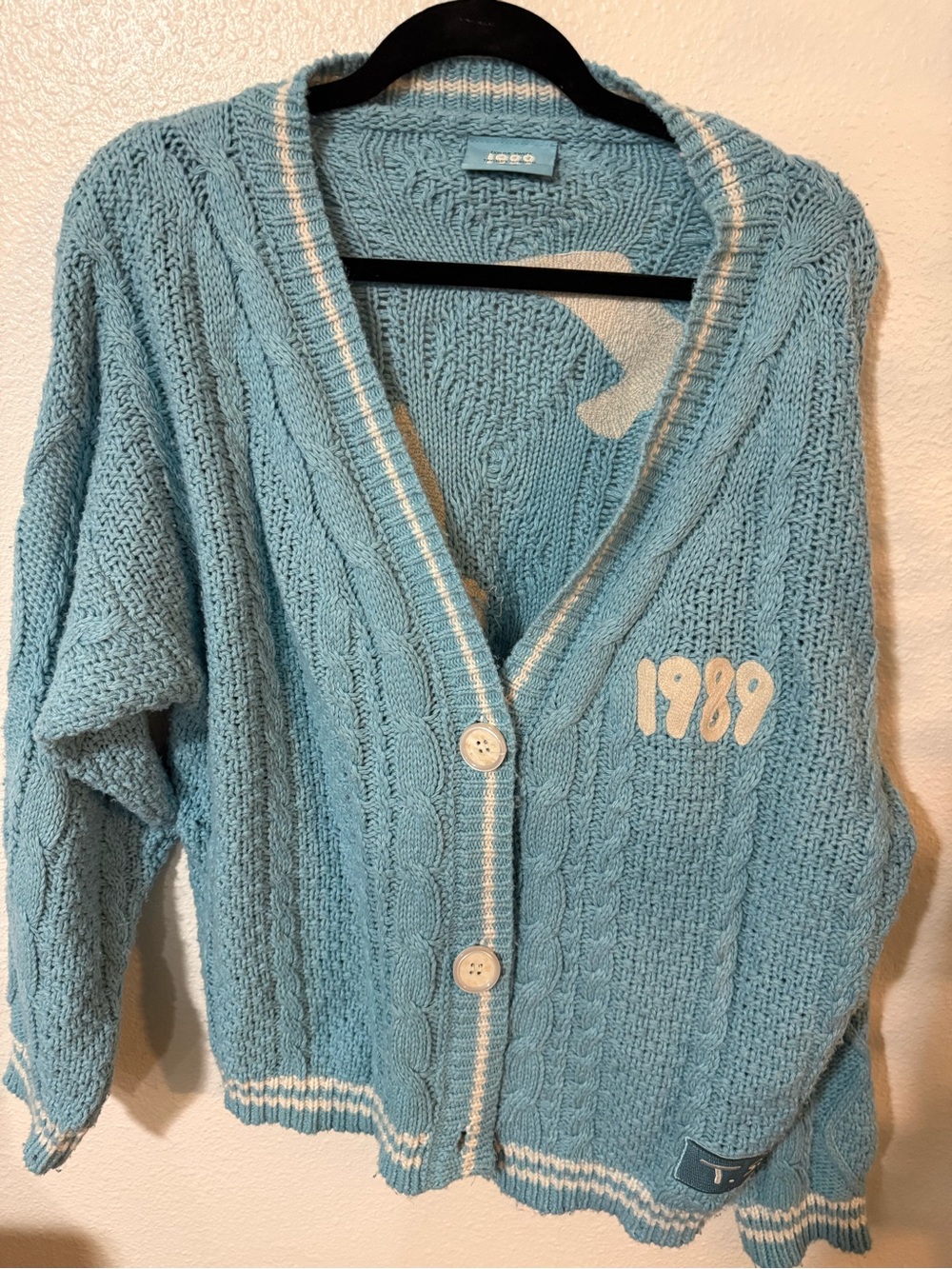 Taylor Swift Light Blue Cable Knit Cardigan with Cream Trim